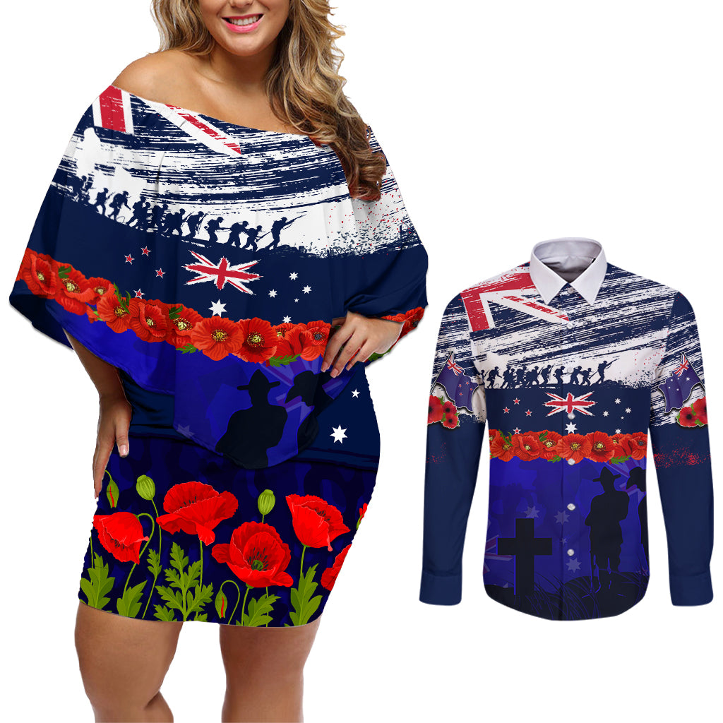 New Zealand and Australia ANZAC Day Couples Matching Off Shoulder Short Dress and Long Sleeve Button Shirt Lest We Forget Red Poppy Flowers and Soldier LT03 Blue - Polynesian Pride