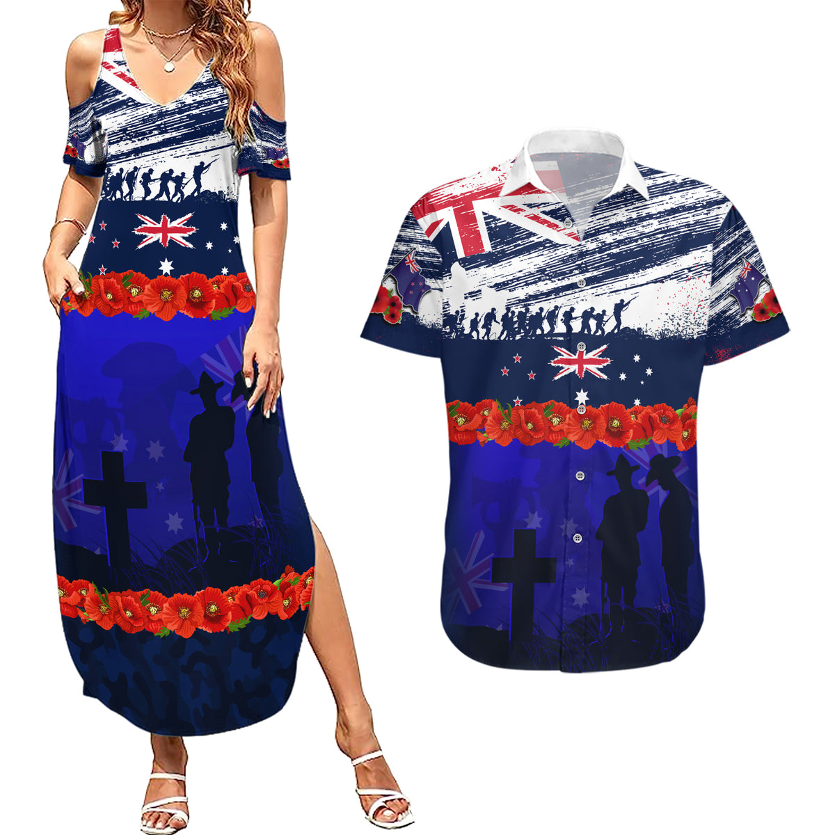 New Zealand and Australia ANZAC Day Couples Matching Summer Maxi Dress and Hawaiian Shirt Lest We Forget Red Poppy Flowers and Soldier LT03 Blue - Polynesian Pride