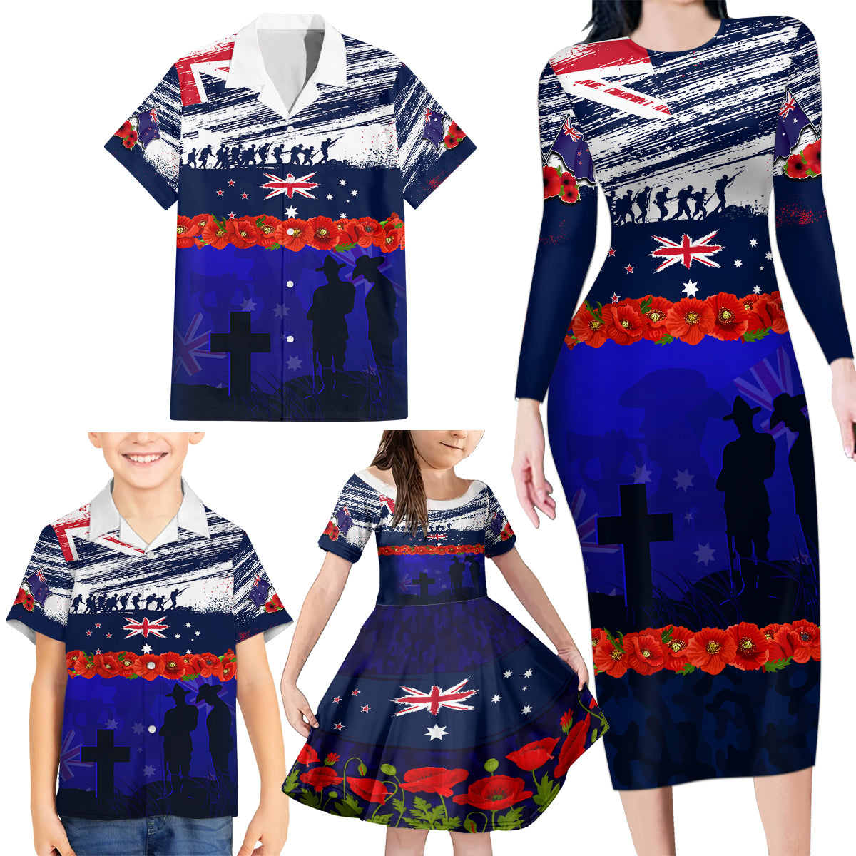 New Zealand and Australia ANZAC Day Family Matching Long Sleeve Bodycon Dress and Hawaiian Shirt Lest We Forget Red Poppy Flowers and Soldier LT03 - Polynesian Pride