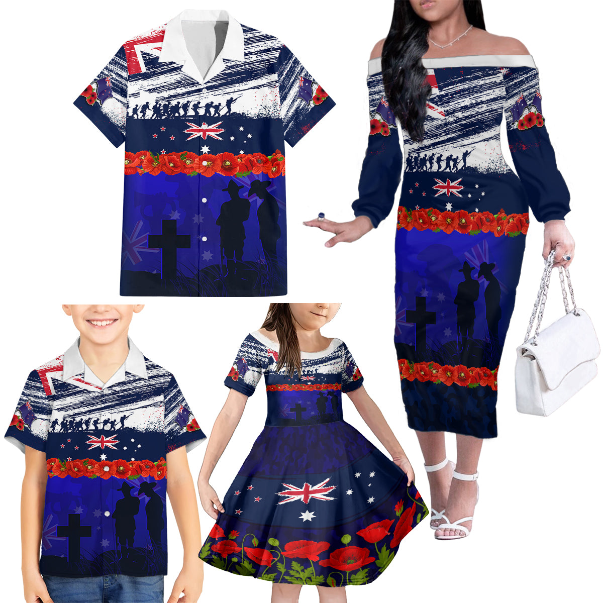 New Zealand and Australia ANZAC Day Family Matching Off Shoulder Long Sleeve Dress and Hawaiian Shirt Lest We Forget Red Poppy Flowers and Soldier LT03 - Polynesian Pride