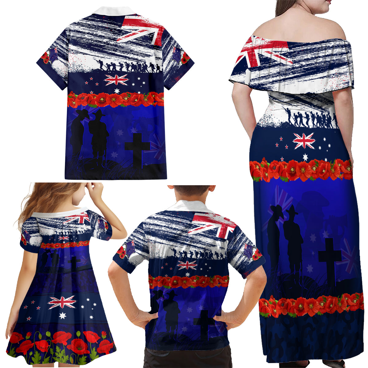 New Zealand and Australia ANZAC Day Family Matching Off Shoulder Maxi Dress and Hawaiian Shirt Lest We Forget Red Poppy Flowers and Soldier LT03 - Polynesian Pride