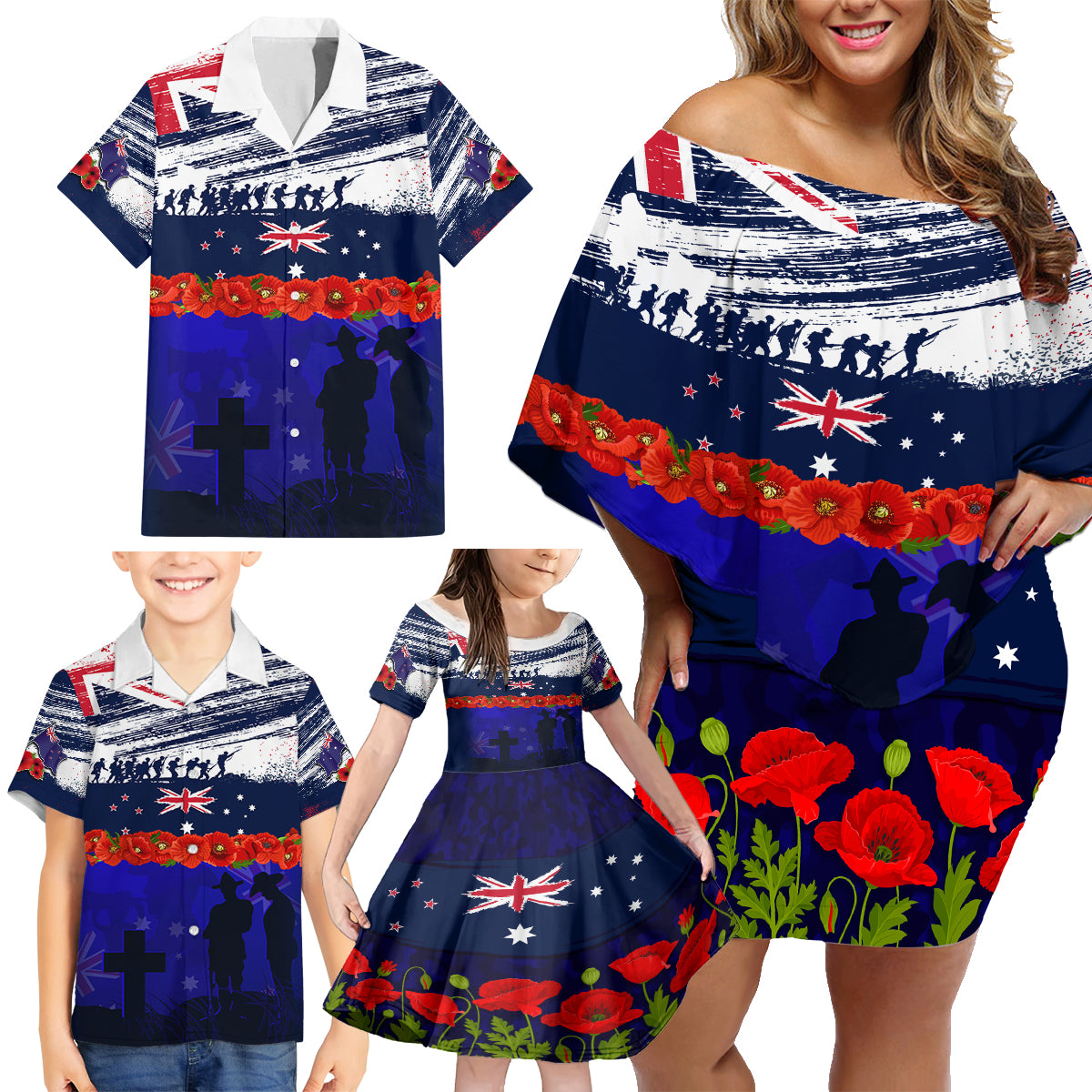 New Zealand and Australia ANZAC Day Family Matching Off Shoulder Short Dress and Hawaiian Shirt Lest We Forget Red Poppy Flowers and Soldier LT03 - Polynesian Pride