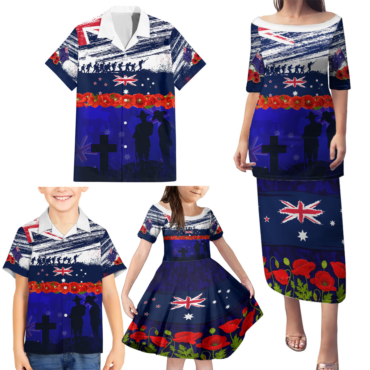 New Zealand and Australia ANZAC Day Family Matching Puletasi and Hawaiian Shirt Lest We Forget Red Poppy Flowers and Soldier LT03 - Polynesian Pride