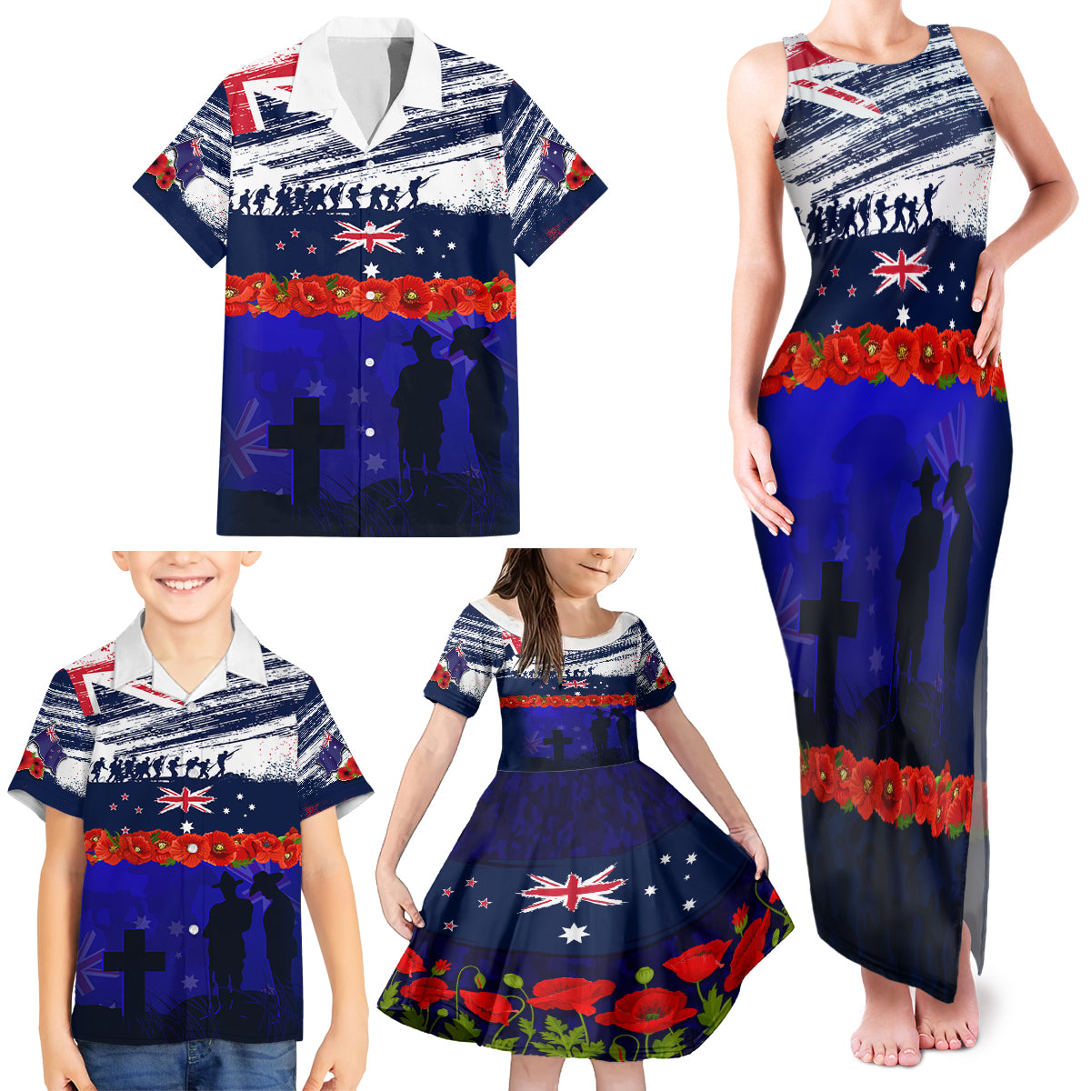 New Zealand and Australia ANZAC Day Family Matching Tank Maxi Dress and Hawaiian Shirt Lest We Forget Red Poppy Flowers and Soldier LT03 - Polynesian Pride