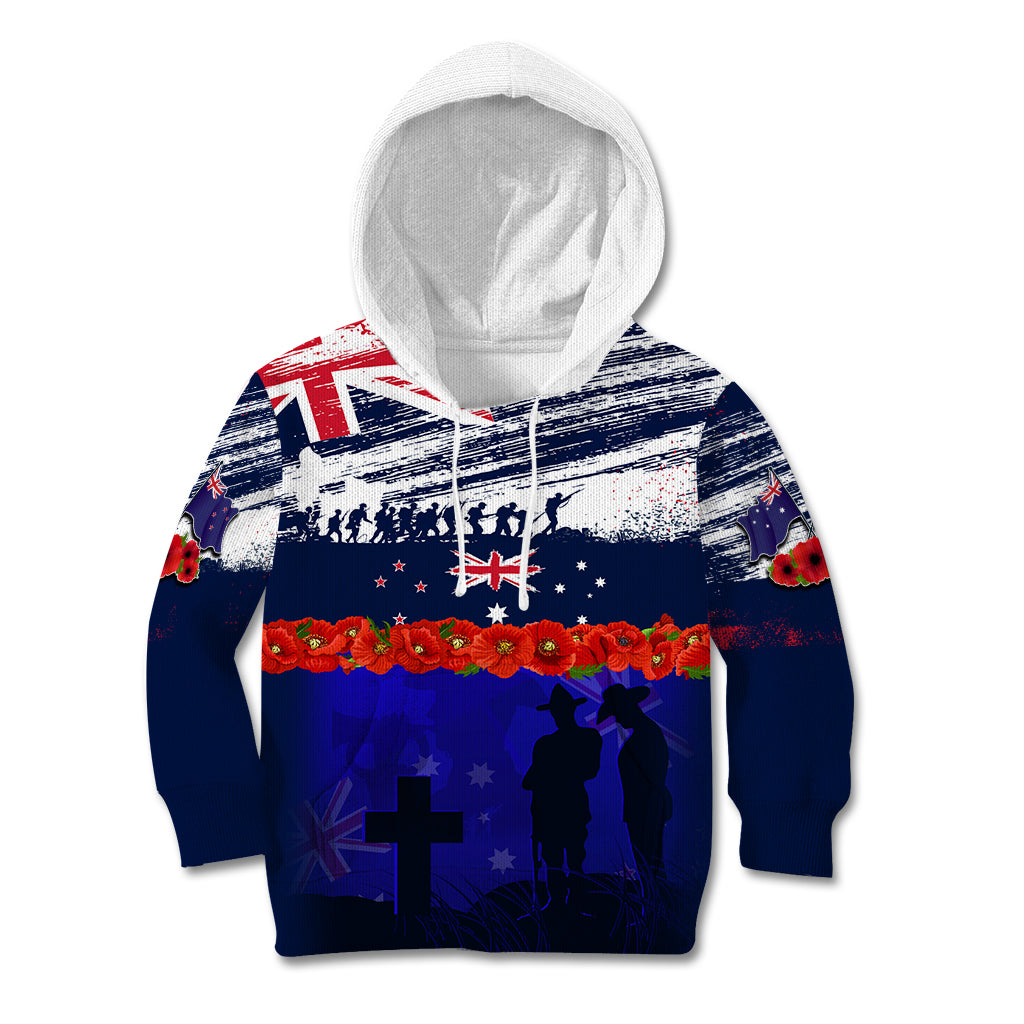 New Zealand and Australia ANZAC Day Kid Hoodie Lest We Forget Red Poppy Flowers and Soldier LT03 Hoodie Blue - Polynesian Pride