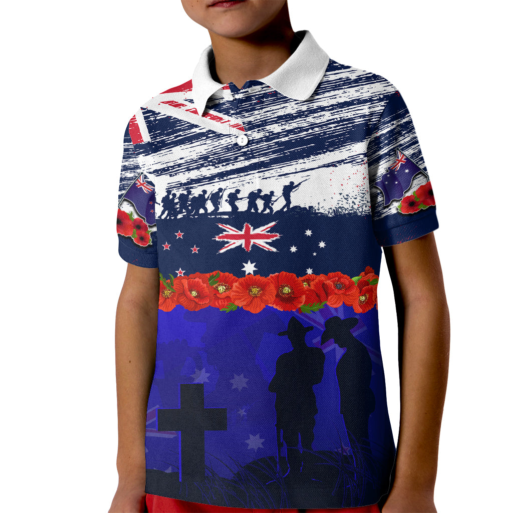 New Zealand and Australia ANZAC Day Kid Polo Shirt Lest We Forget Red Poppy Flowers and Soldier LT03 Kid Blue - Polynesian Pride