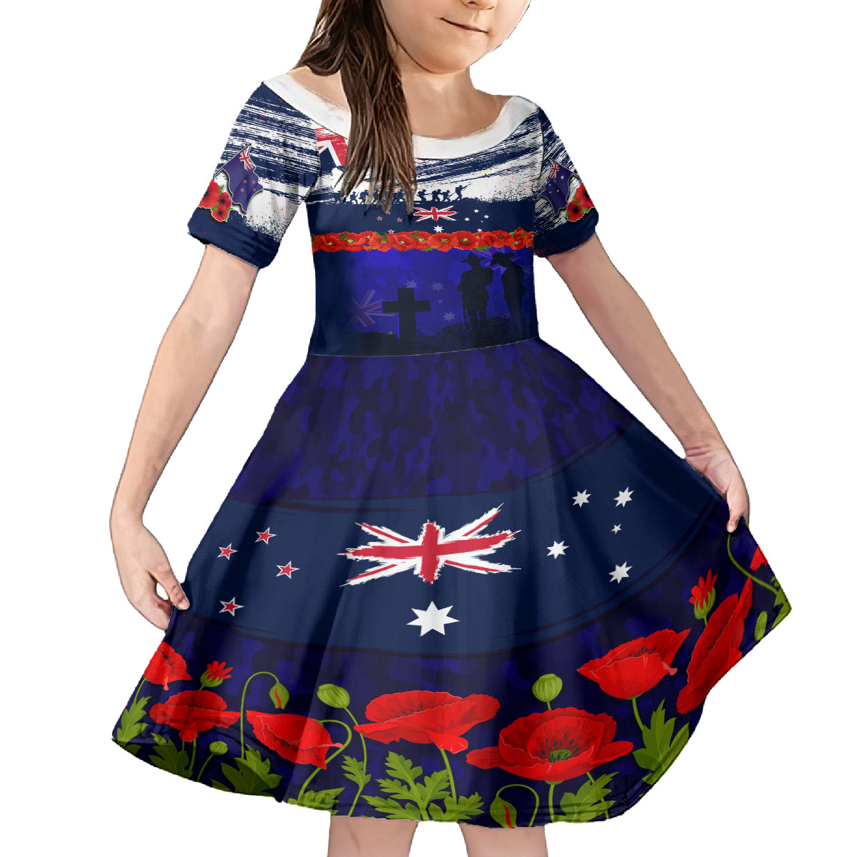 New Zealand and Australia ANZAC Day Kid Short Sleeve Dress Lest We Forget Red Poppy Flowers and Soldier LT03 KID Blue - Polynesian Pride