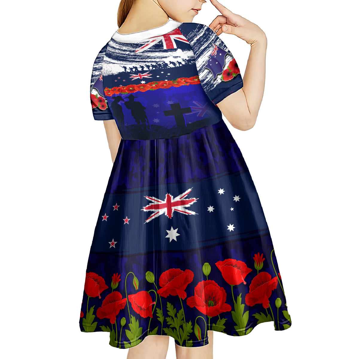 New Zealand and Australia ANZAC Day Kid Short Sleeve Dress Lest We Forget Red Poppy Flowers and Soldier LT03 - Polynesian Pride