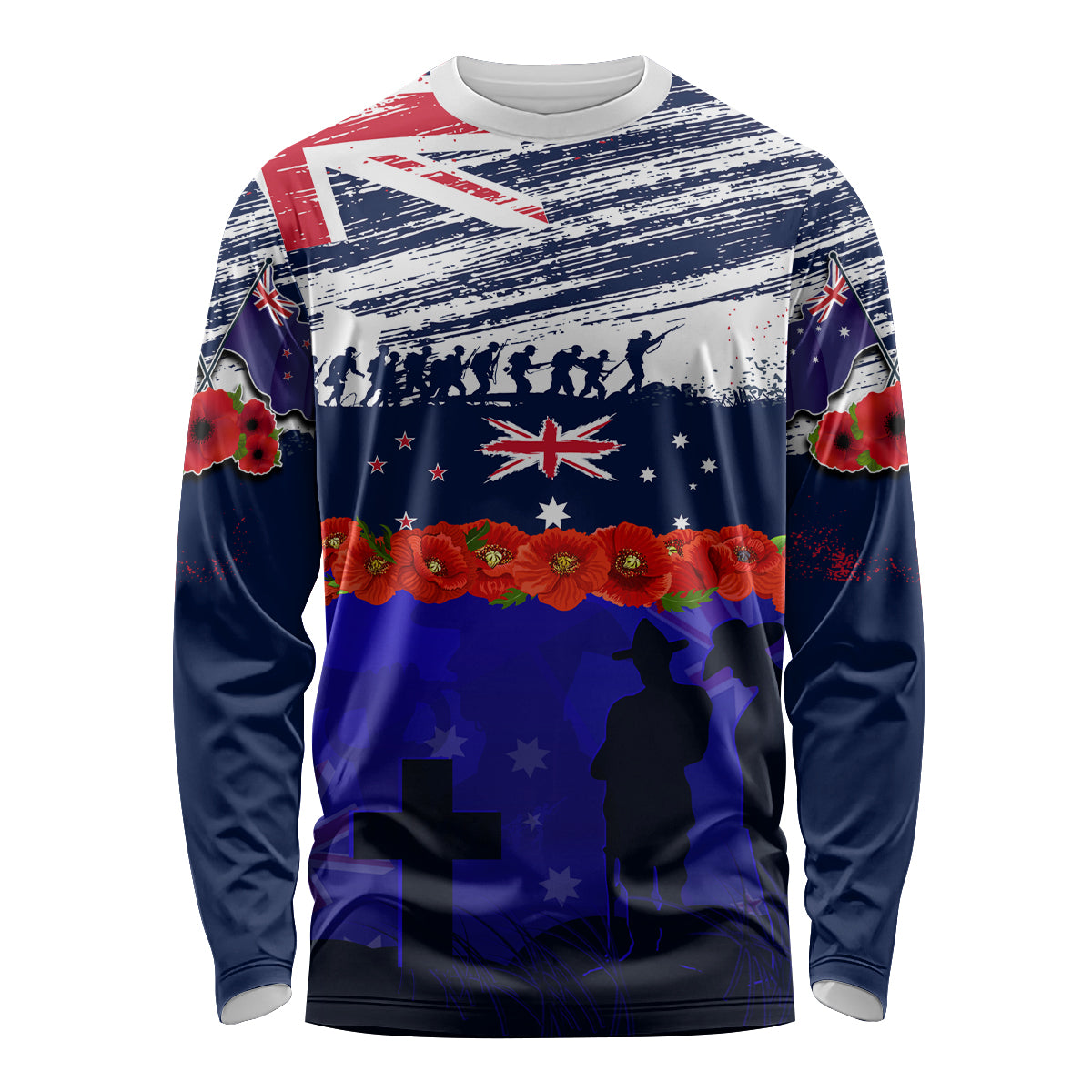 New Zealand and Australia ANZAC Day Long Sleeve Shirt Lest We Forget Red Poppy Flowers and Soldier LT03 Unisex Blue - Polynesian Pride