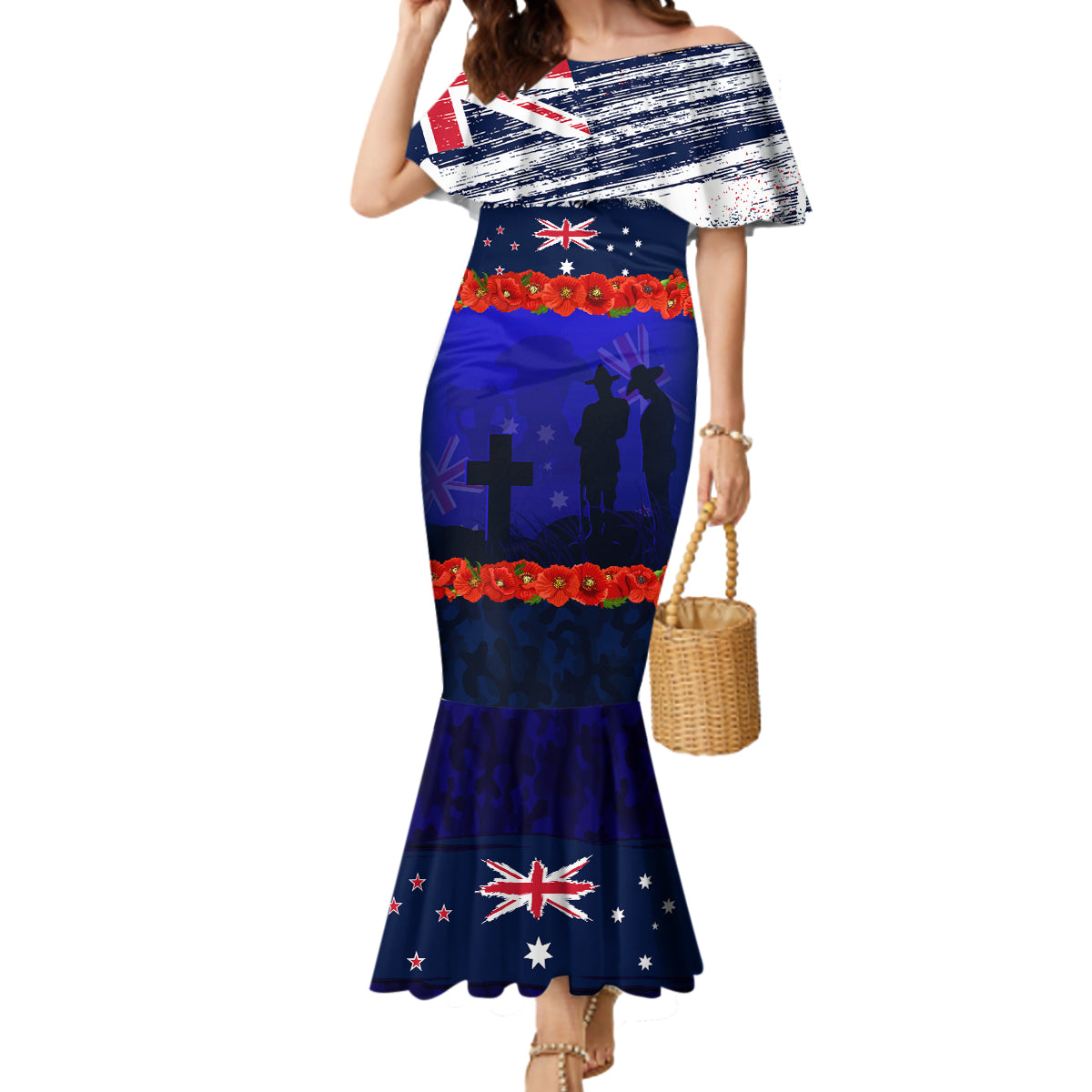 New Zealand and Australia ANZAC Day Mermaid Dress Lest We Forget Red Poppy Flowers and Soldier LT03 Women Blue - Polynesian Pride