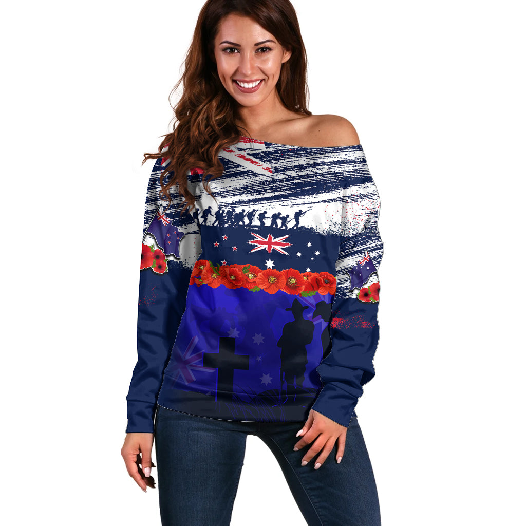 New Zealand and Australia ANZAC Day Off Shoulder Sweater Lest We Forget Red Poppy Flowers and Soldier LT03 Women Blue - Polynesian Pride