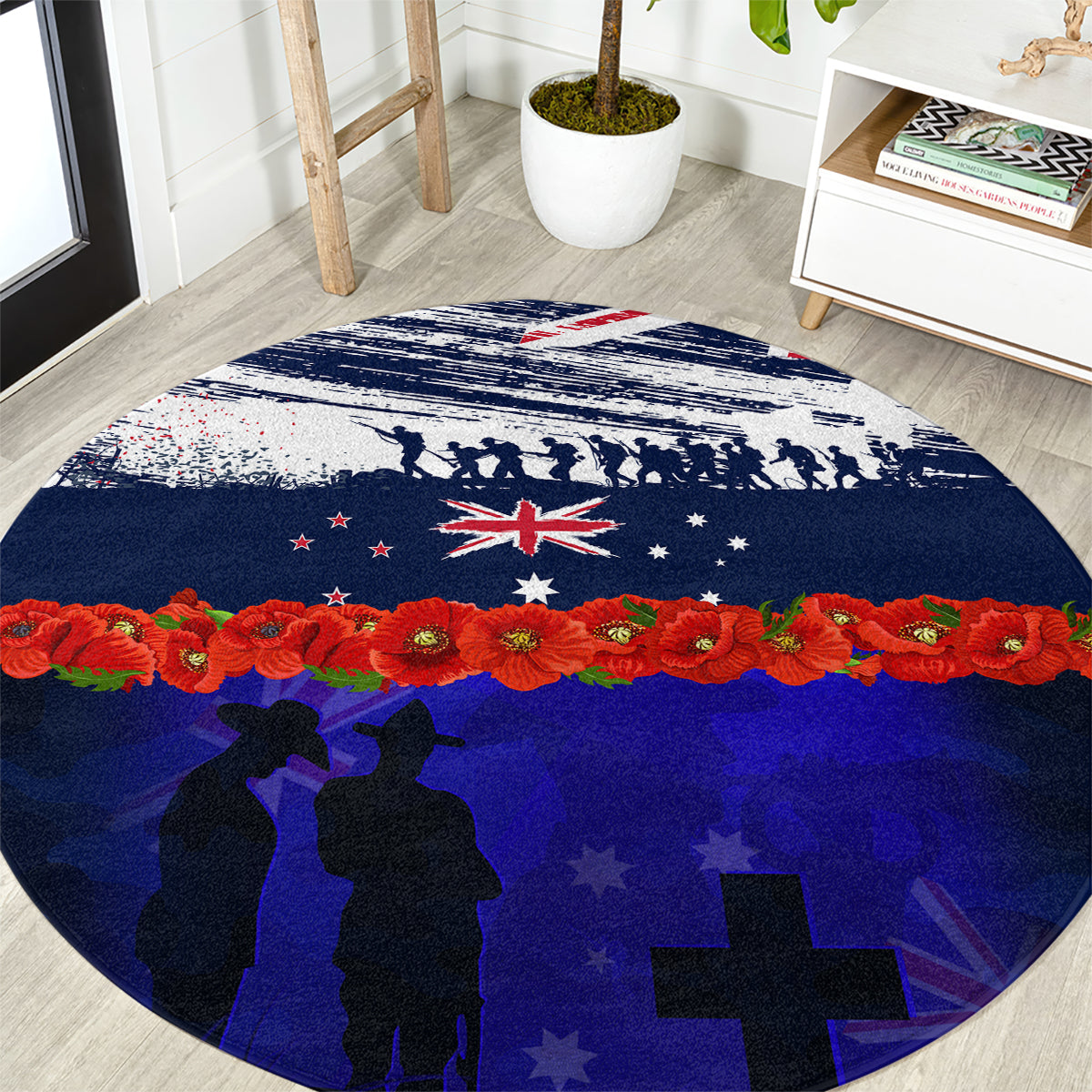 New Zealand and Australia ANZAC Day Round Carpet Lest We Forget Red Poppy Flowers and Soldier LT03 Blue - Polynesian Pride