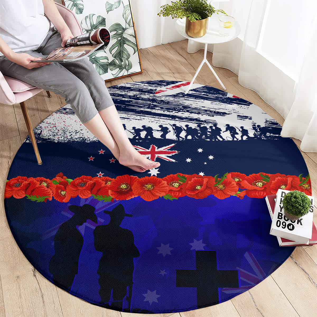 New Zealand and Australia ANZAC Day Round Carpet Lest We Forget Red Poppy Flowers and Soldier LT03 - Polynesian Pride