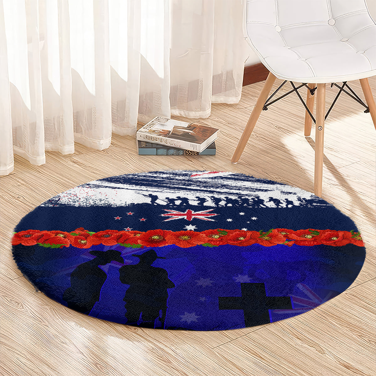 New Zealand and Australia ANZAC Day Round Carpet Lest We Forget Red Poppy Flowers and Soldier LT03 - Polynesian Pride