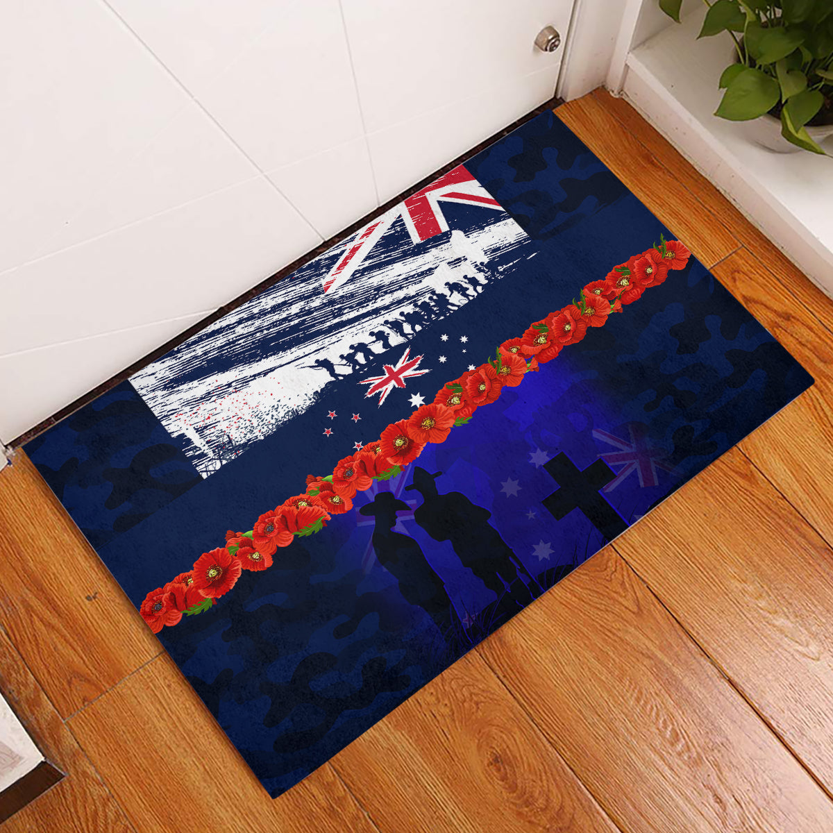 New Zealand and Australia ANZAC Day Rubber Doormat Lest We Forget Red Poppy Flowers and Soldier LT03 Blue - Polynesian Pride