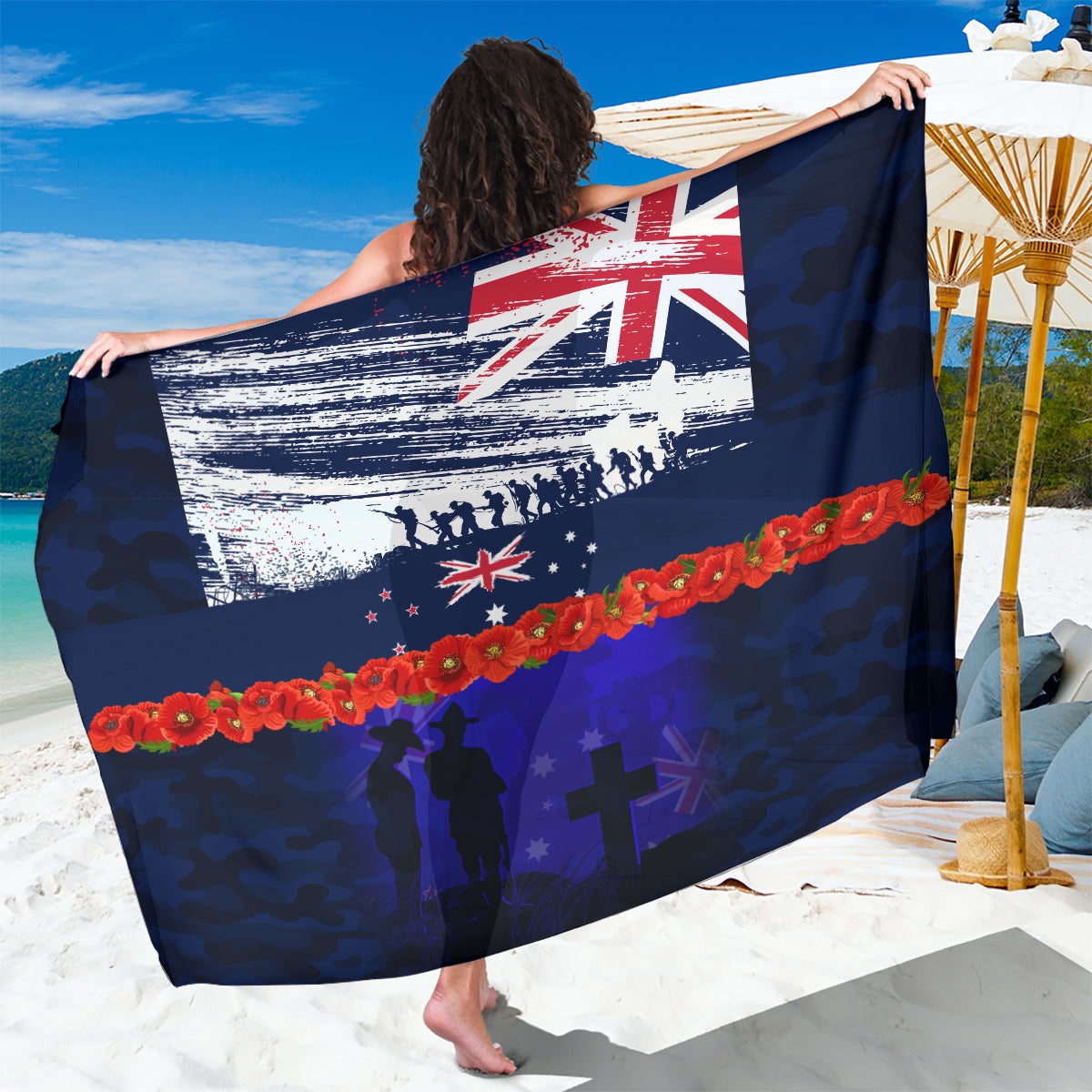 New Zealand and Australia ANZAC Day Sarong Lest We Forget Red Poppy Flowers and Soldier LT03 One Size 44 x 66 inches Blue - Polynesian Pride