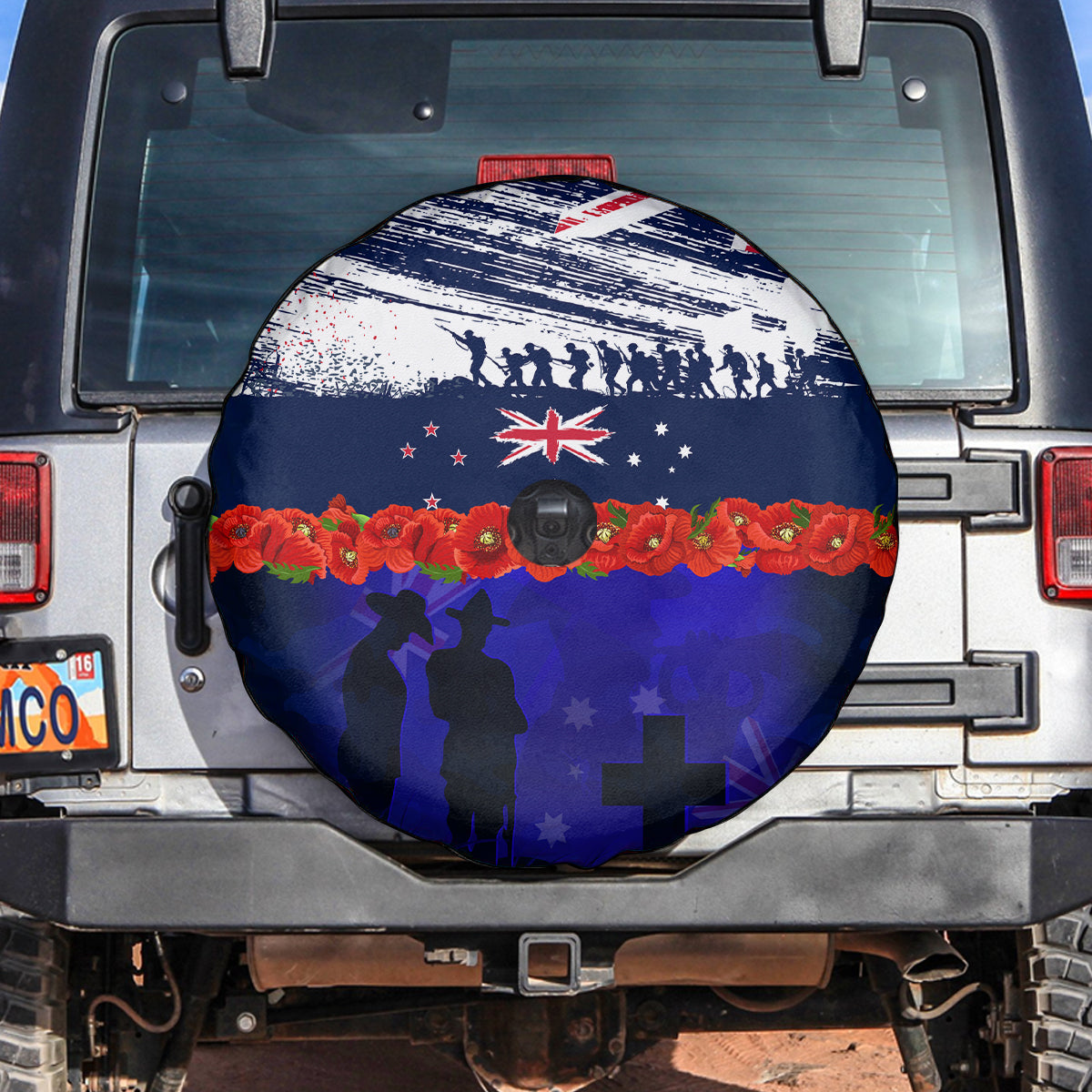 New Zealand and Australia ANZAC Day Spare Tire Cover Lest We Forget Red Poppy Flowers and Soldier LT03 Blue - Polynesian Pride