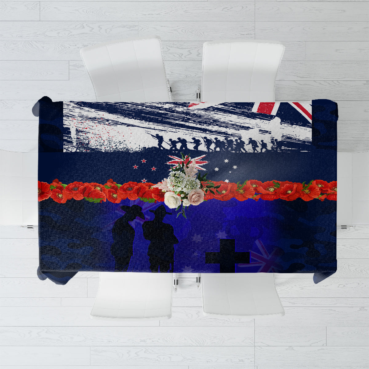 New Zealand and Australia ANZAC Day Tablecloth Lest We Forget Red Poppy Flowers and Soldier LT03 Blue - Polynesian Pride