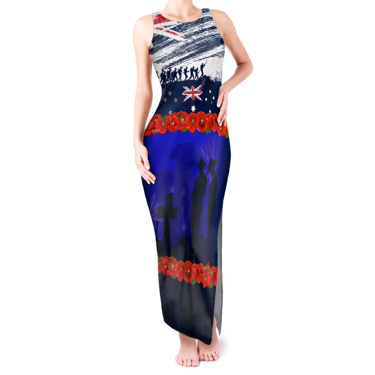 New Zealand and Australia ANZAC Day Tank Maxi Dress Lest We Forget Red Poppy Flowers and Soldier LT03 Women Blue - Polynesian Pride