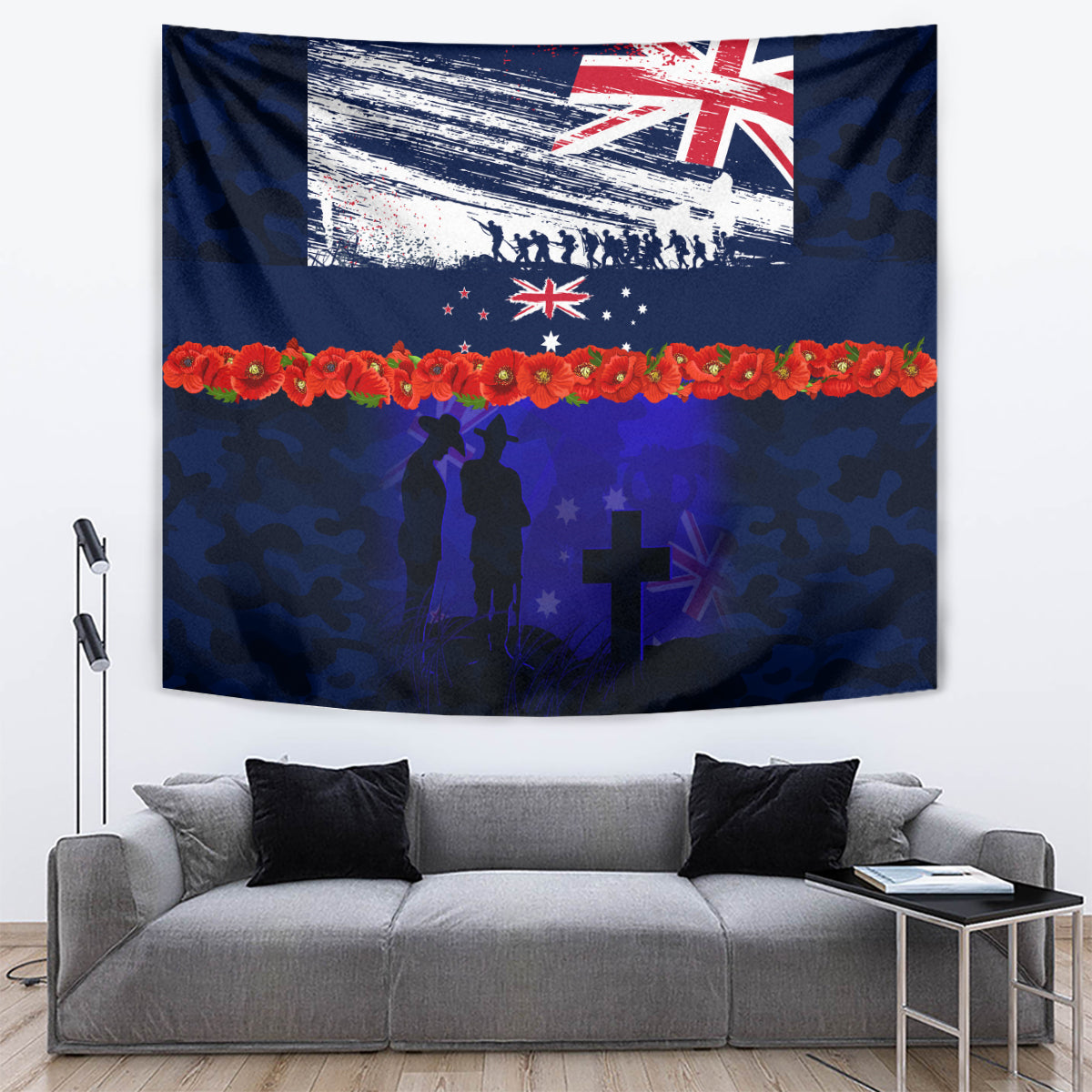 New Zealand and Australia ANZAC Day Tapestry Lest We Forget Red Poppy Flowers and Soldier LT03 Blue - Polynesian Pride