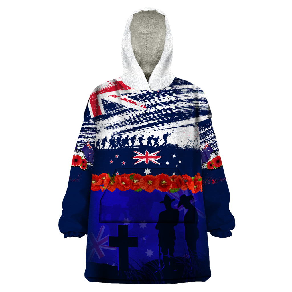 New Zealand and Australia ANZAC Day Wearable Blanket Hoodie Lest We Forget Red Poppy Flowers and Soldier LT03 One Size Blue - Polynesian Pride