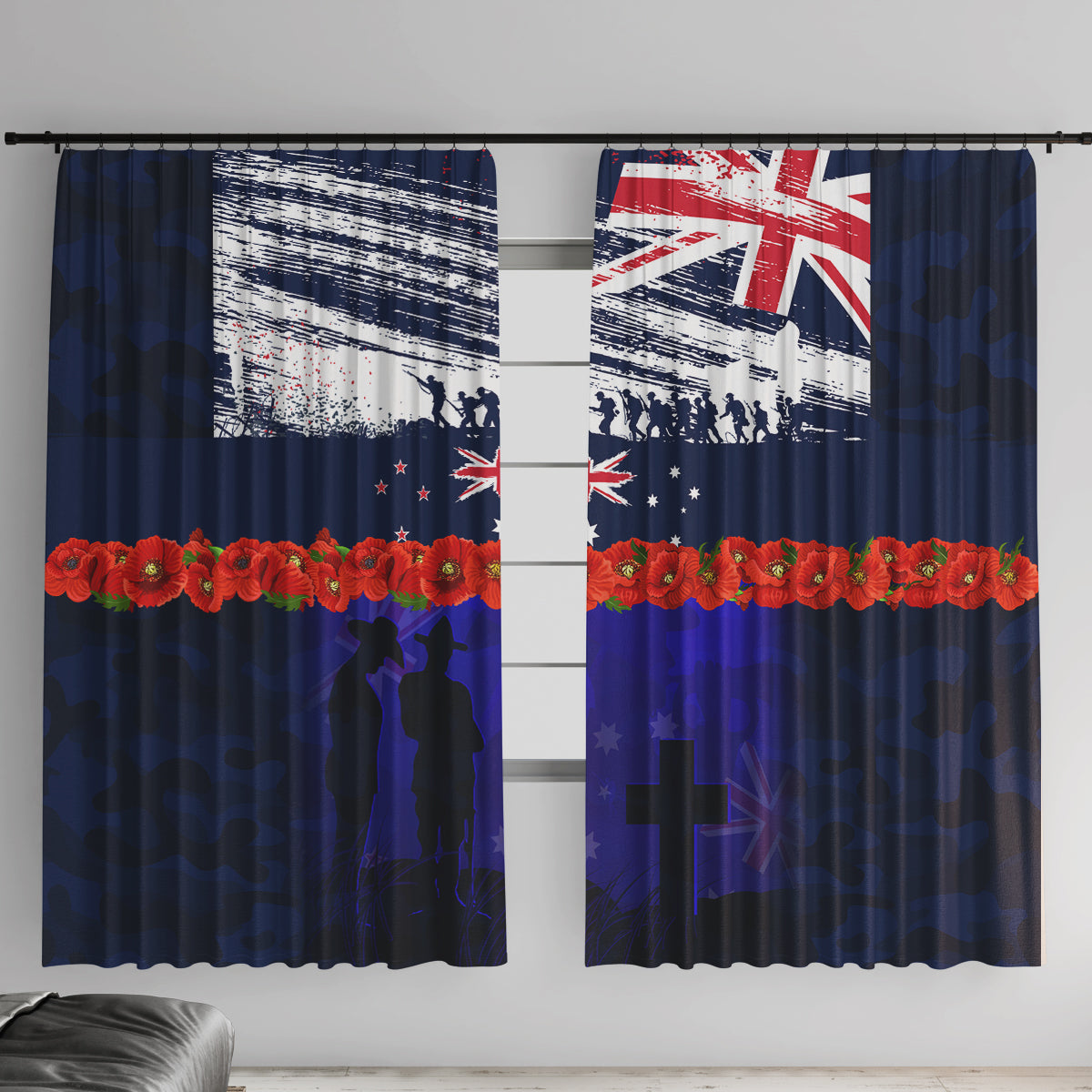 New Zealand and Australia ANZAC Day Window Curtain Lest We Forget Red Poppy Flowers and Soldier LT03 With Hooks Blue - Polynesian Pride