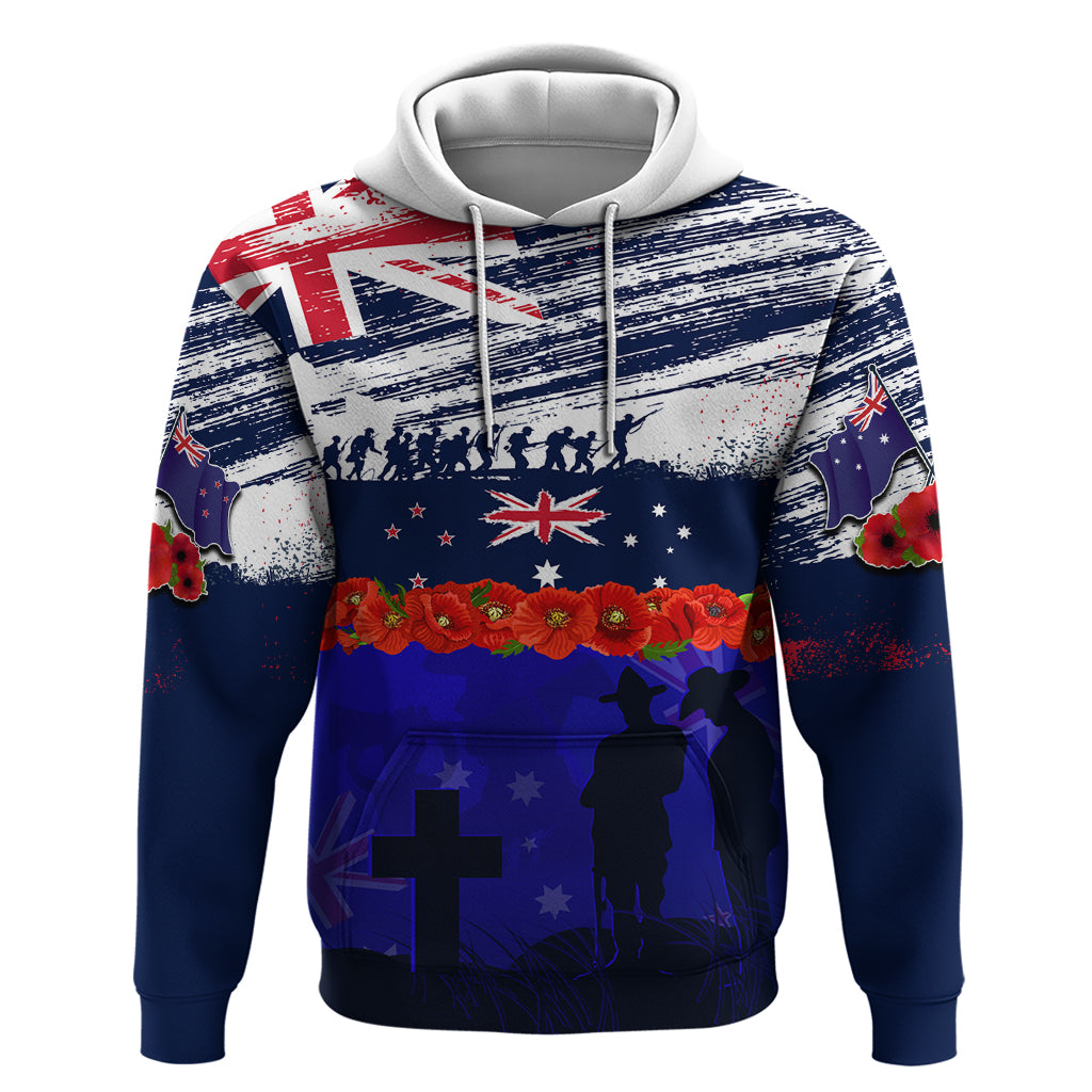 New Zealand and Australia ANZAC Day Zip Hoodie Lest We Forget Red Poppy Flowers and Soldier LT03 Pullover Hoodie Blue - Polynesian Pride