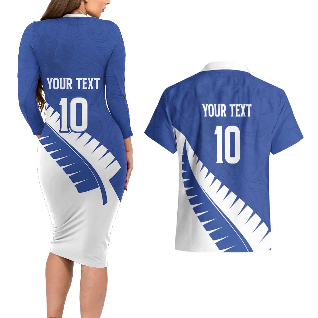 Custom New Zealand Cricket Couples Matching Long Sleeve Bodycon Dress and Hawaiian Shirt Kiwi Birds Haka Dance Blue Fern Sporty Style