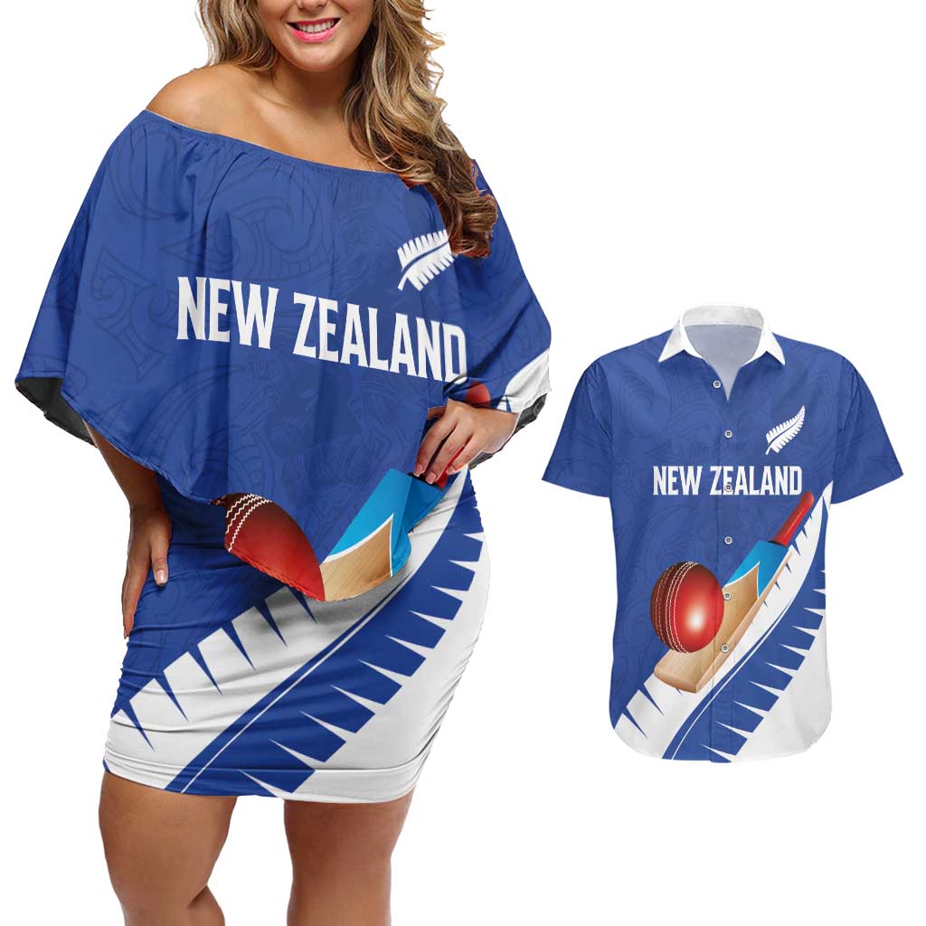 Custom New Zealand Cricket Couples Matching Off Shoulder Short Dress and Hawaiian Shirt Kiwi Birds Haka Dance Blue Fern Sporty Style LT03 Blue - Polynesian Pride