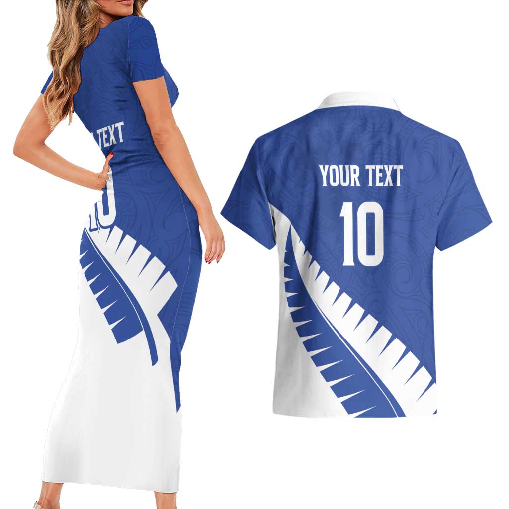 Custom New Zealand Cricket Couples Matching Short Sleeve Bodycon Dress and Hawaiian Shirt Kiwi Birds Haka Dance Blue Fern Sporty Style