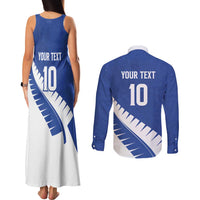 Custom New Zealand Cricket Couples Matching Tank Maxi Dress and Long Sleeve Button Shirt Kiwi Birds Haka Dance Blue Fern Sporty Style