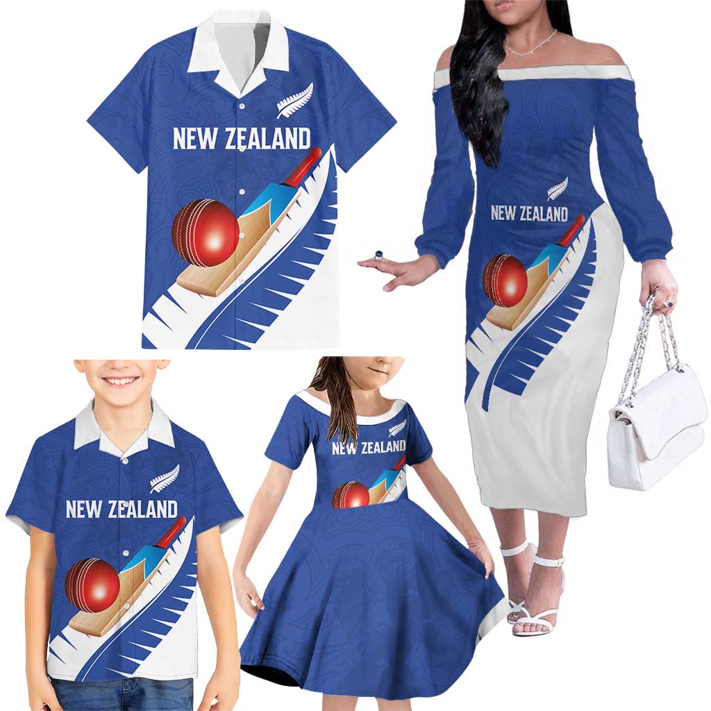 Custom New Zealand Cricket Family Matching Off The Shoulder Long Sleeve Dress and Hawaiian Shirt Kiwi Birds Haka Dance Blue Fern Sporty Style LT03 - Polynesian Pride