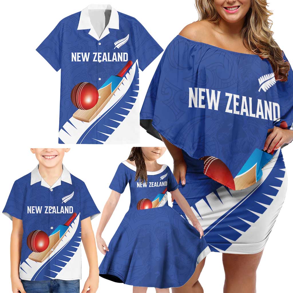 Custom New Zealand Cricket Family Matching Off Shoulder Short Dress and Hawaiian Shirt Kiwi Birds Haka Dance Blue Fern Sporty Style LT03 - Polynesian Pride