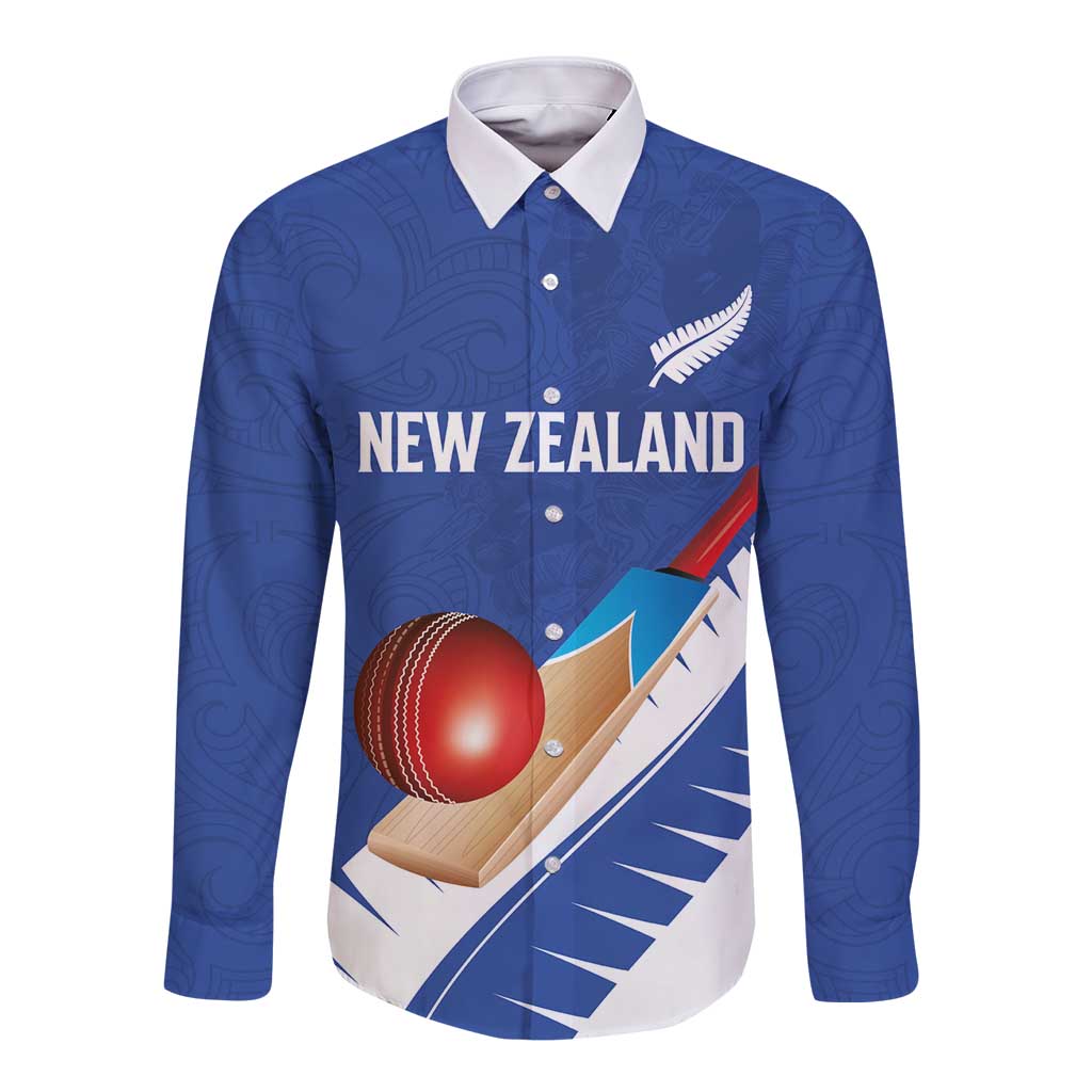 Custom New Zealand Cricket Long Sleeve Button Shirt Kiwi Birds Haka Dance Blue Fern Sporty Style LT03 Unisex Blue - Polynesian Pride