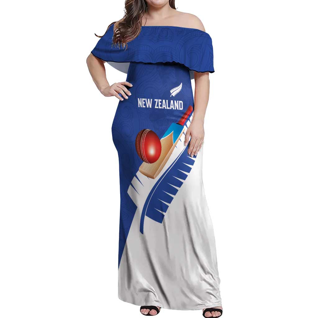 Custom New Zealand Cricket Off Shoulder Maxi Dress Kiwi Birds Haka Dance Blue Fern Sporty Style LT03 Women Blue - Polynesian Pride