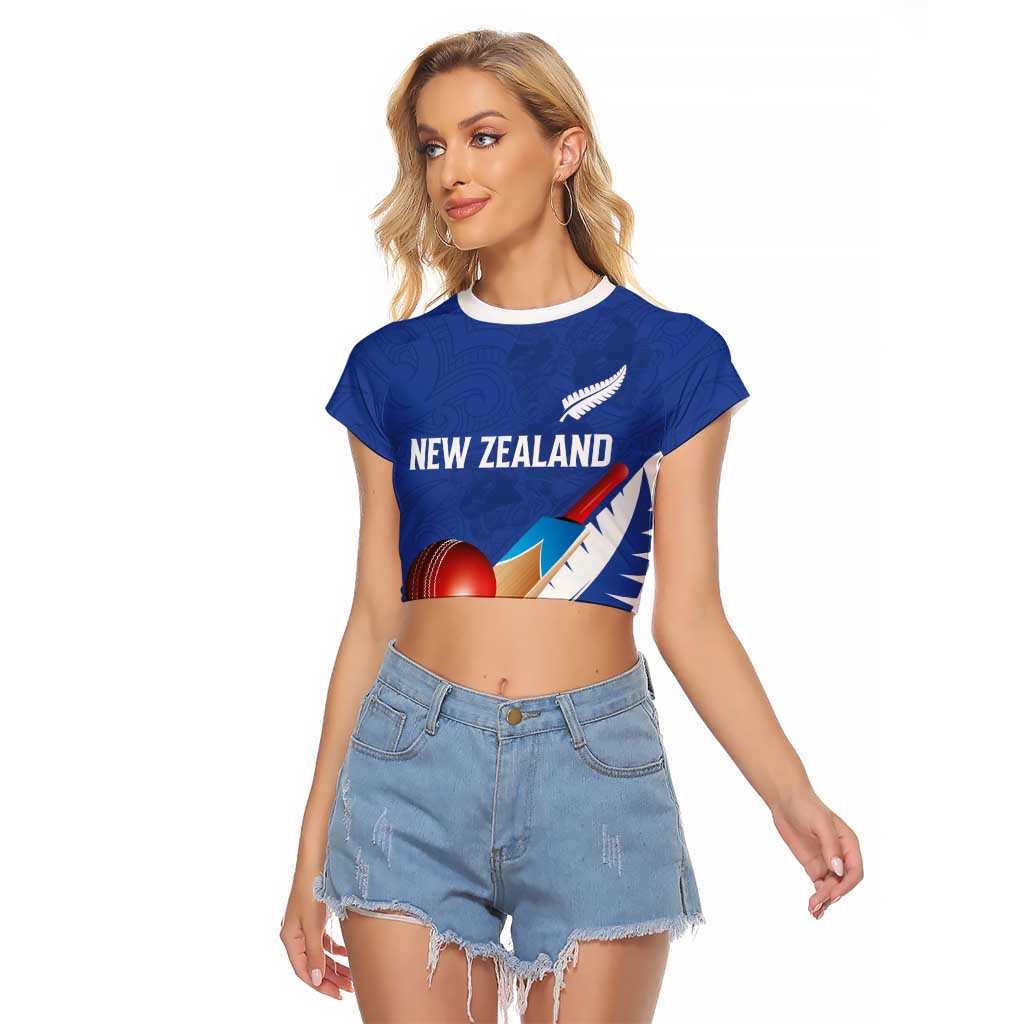 Custom New Zealand Cricket Raglan Cropped T Shirt Kiwi Birds Haka Dance Blue Fern Sporty Style LT03 Female Blue - Polynesian Pride