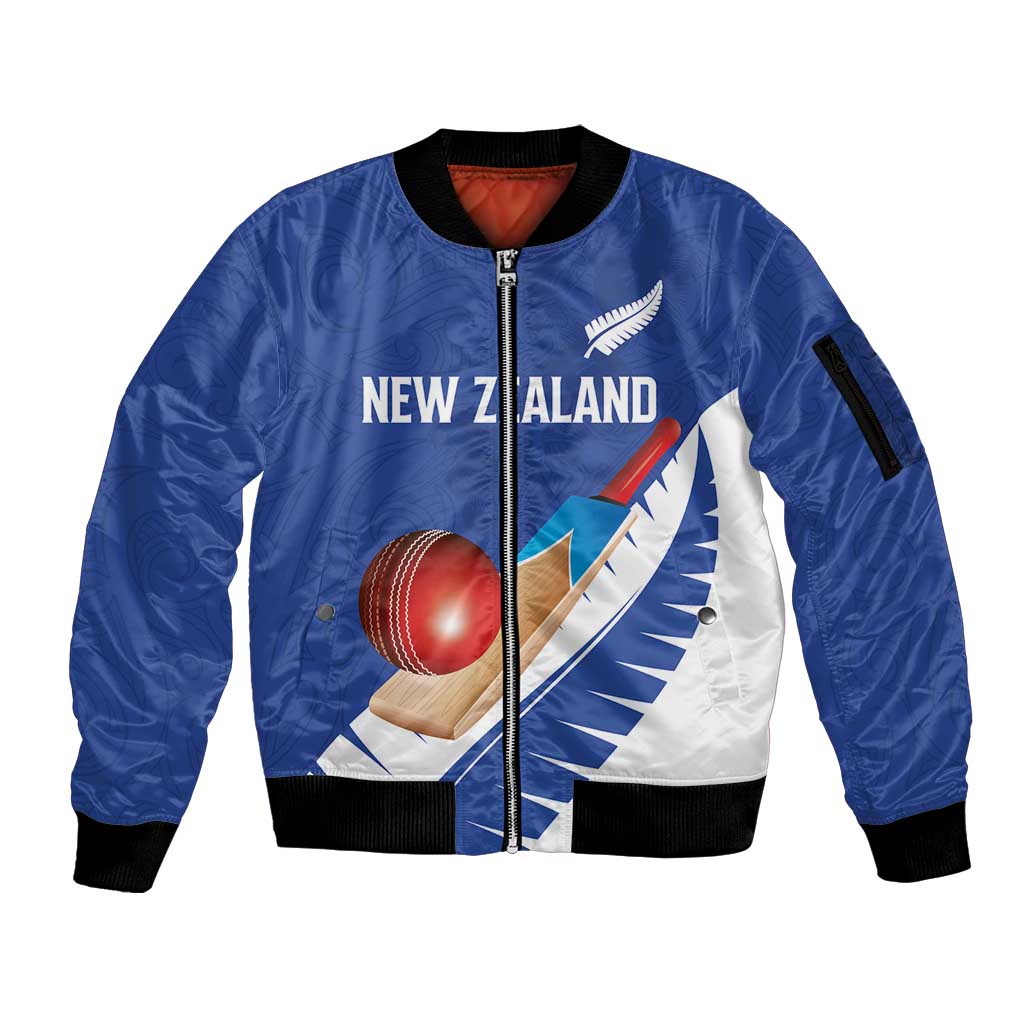 Custom New Zealand Cricket Sleeve Zip Bomber Jacket Kiwi Birds Haka Dance Blue Fern Sporty Style LT03 Unisex Blue - Polynesian Pride