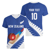 Custom New Zealand Cricket Women V-Neck T-Shirt Kiwi Birds Haka Dance Blue Fern Sporty Style
