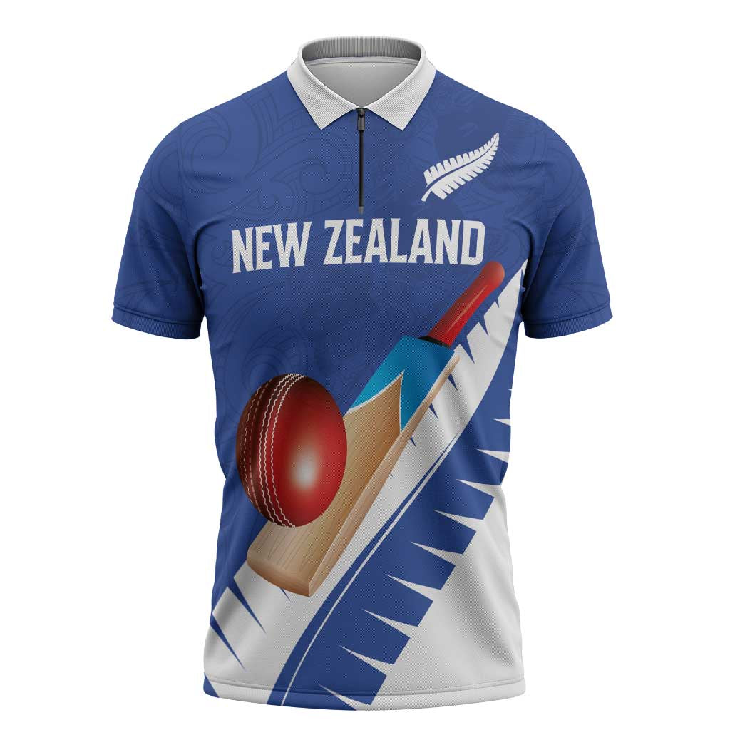 Custom New Zealand Cricket Zipper Polo Shirt Kiwi Birds Haka Dance Blue Fern Sporty Style LT03 Blue - Polynesian Pride
