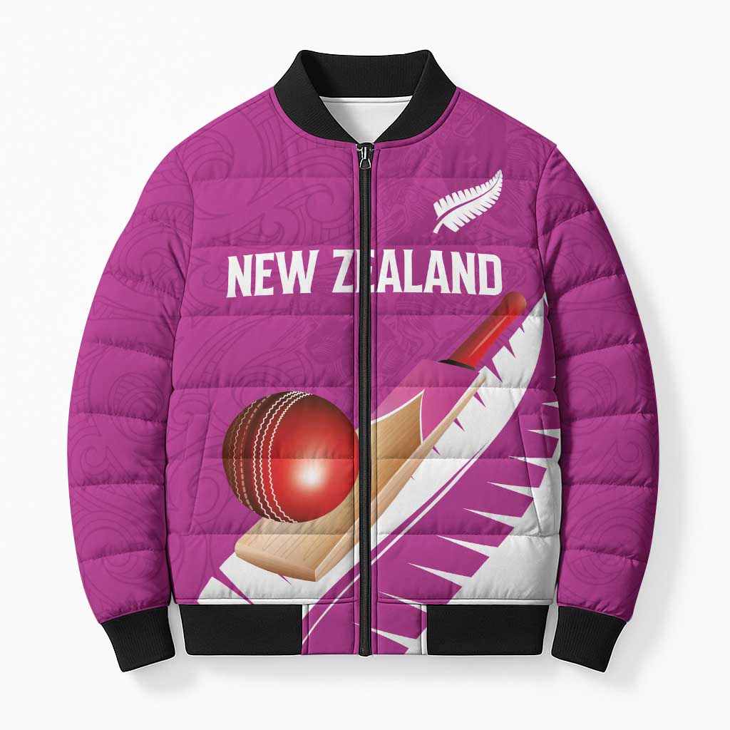 Custom New Zealand Cricket Bomber Puffer Jacket Kiwi Birds Haka Dance Pink Fern Sporty Style