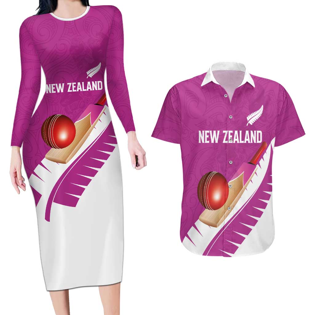 Custom New Zealand Cricket Couples Matching Long Sleeve Bodycon Dress and Hawaiian Shirt Kiwi Birds Haka Dance Pink Fern Sporty Style