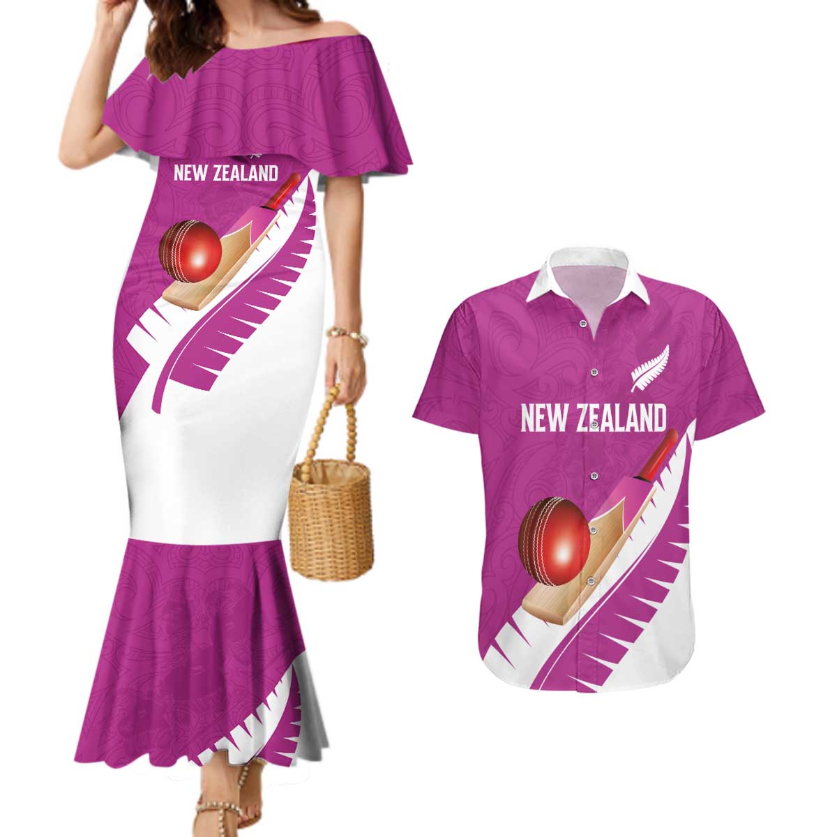 Custom New Zealand Cricket Couples Matching Mermaid Dress and Hawaiian Shirt Kiwi Birds Haka Dance Pink Fern Sporty Style