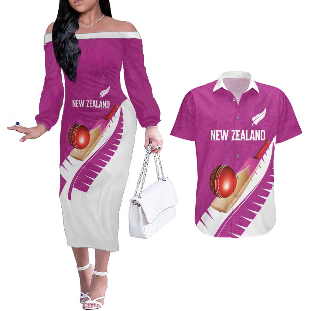 Custom New Zealand Cricket Couples Matching Off The Shoulder Long Sleeve Dress and Hawaiian Shirt Kiwi Birds Haka Dance Pink Fern Sporty Style LT03 Pink - Polynesian Pride