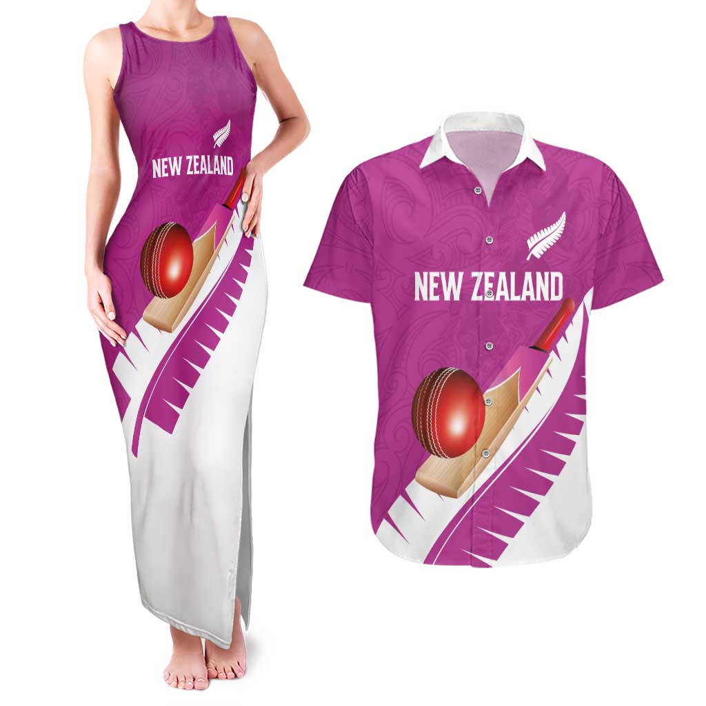 Custom New Zealand Cricket Couples Matching Tank Maxi Dress and Hawaiian Shirt Kiwi Birds Haka Dance Pink Fern Sporty Style