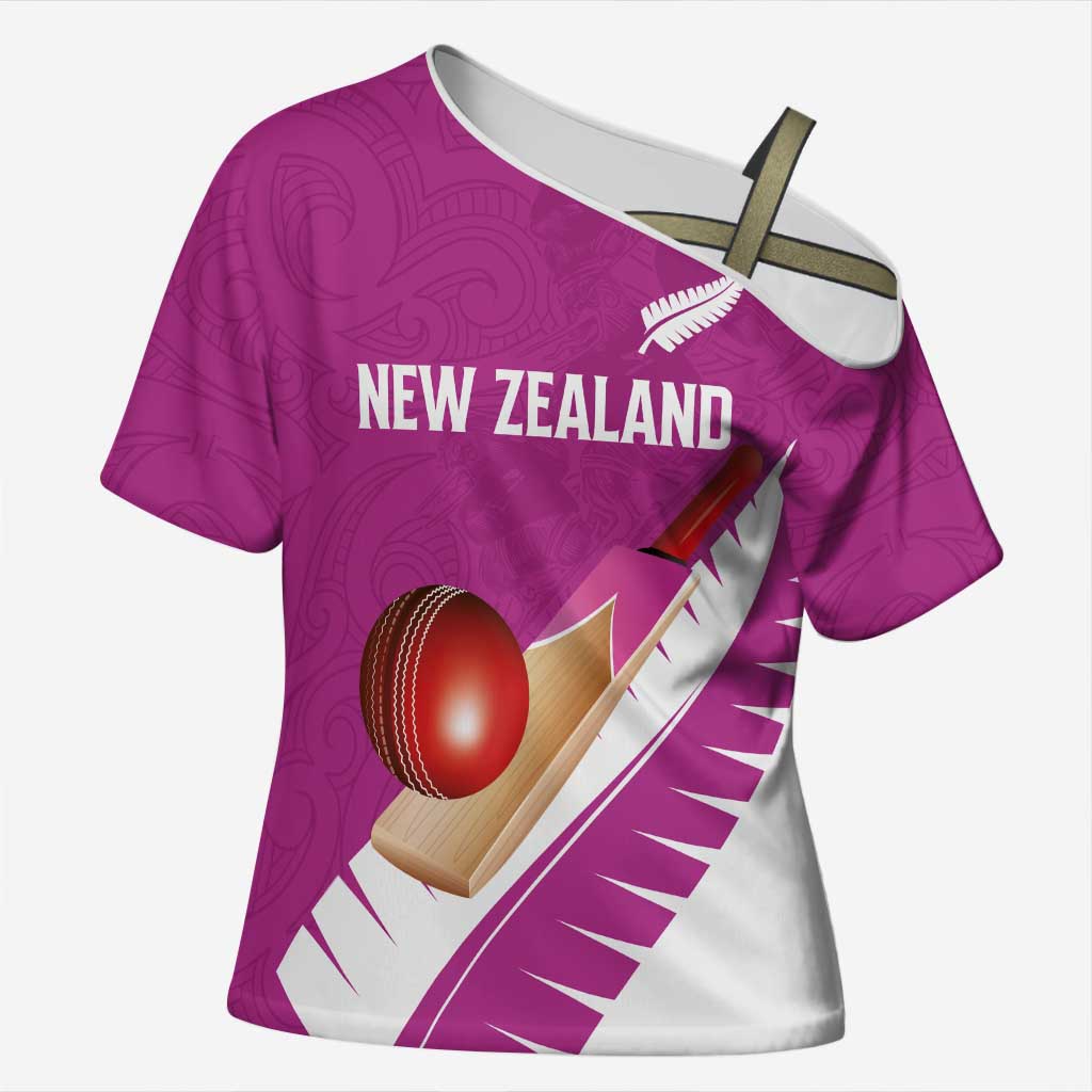 Custom New Zealand Cricket Cross Shoulder Shirt Kiwi Birds Haka Dance Pink Fern Sporty Style