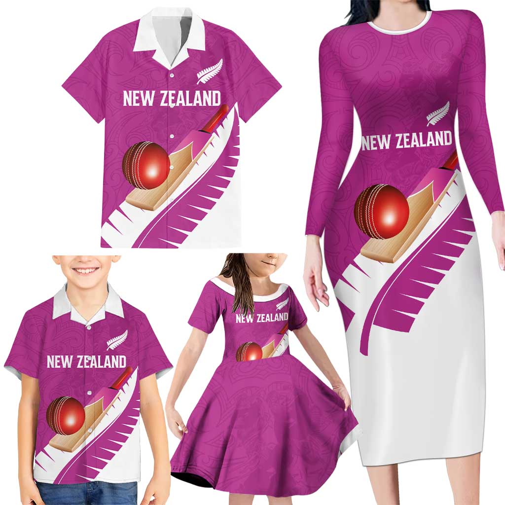 Custom New Zealand Cricket Family Matching Long Sleeve Bodycon Dress and Hawaiian Shirt Kiwi Birds Haka Dance Pink Fern Sporty Style