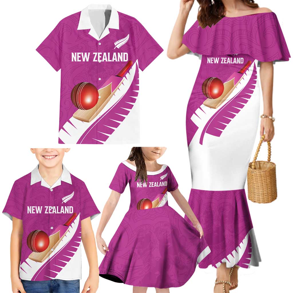 Custom New Zealand Cricket Family Matching Mermaid Dress and Hawaiian Shirt Kiwi Birds Haka Dance Pink Fern Sporty Style
