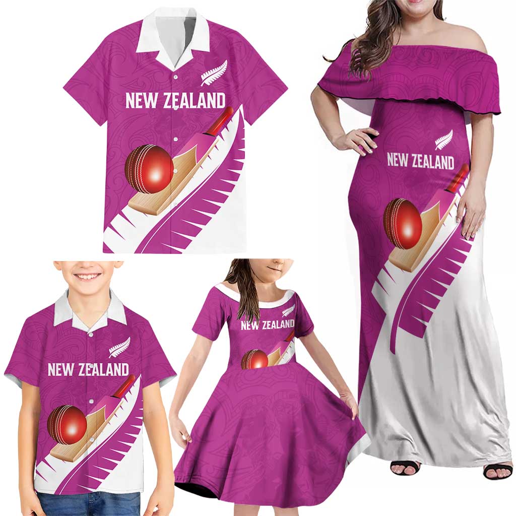 Custom New Zealand Cricket Family Matching Off Shoulder Maxi Dress and Hawaiian Shirt Kiwi Birds Haka Dance Pink Fern Sporty Style