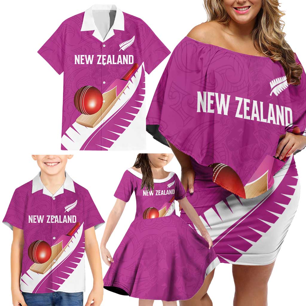 Custom New Zealand Cricket Family Matching Off Shoulder Short Dress and Hawaiian Shirt Kiwi Birds Haka Dance Pink Fern Sporty Style