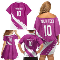 Custom New Zealand Cricket Family Matching Off Shoulder Short Dress and Hawaiian Shirt Kiwi Birds Haka Dance Pink Fern Sporty Style
